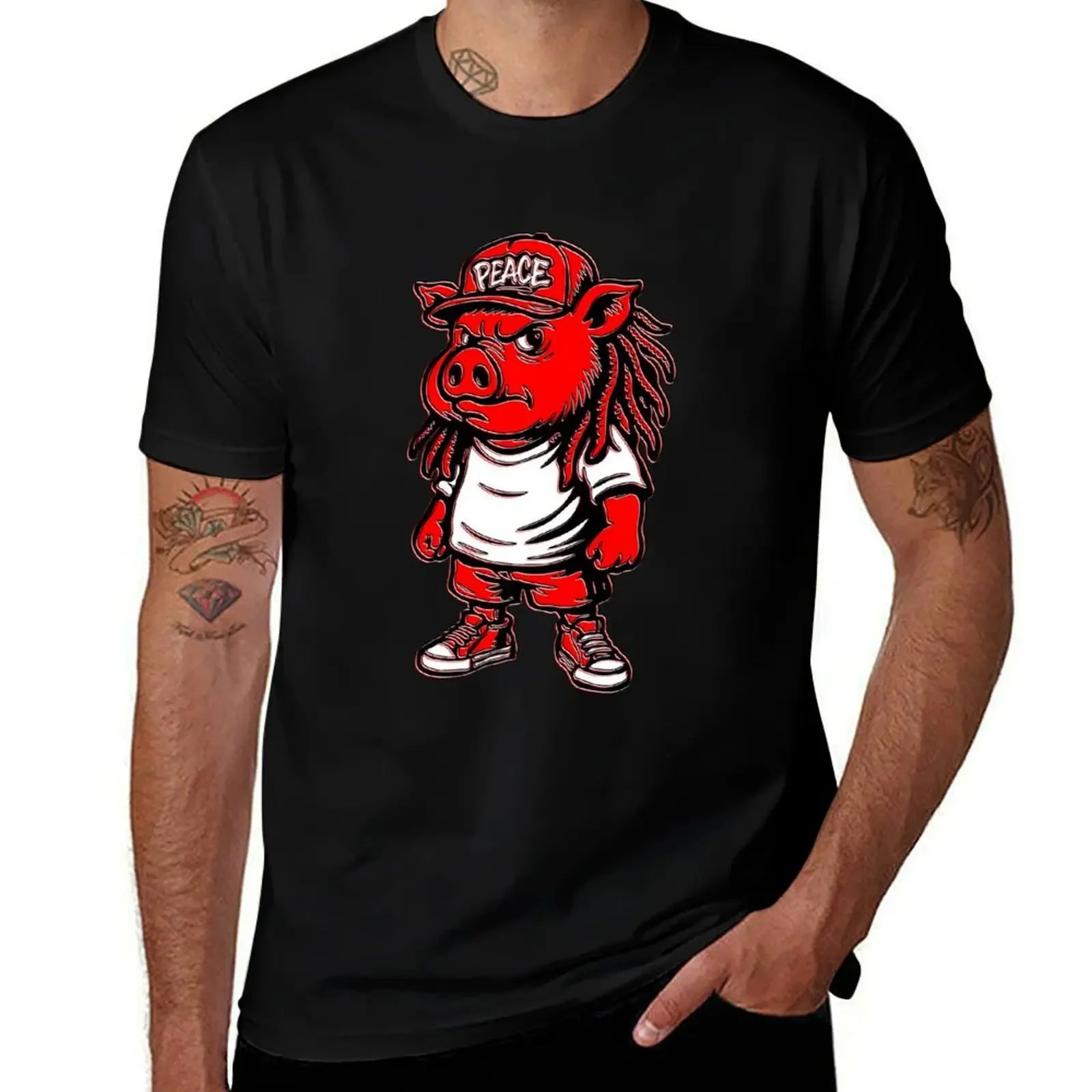 

Angry Pig Cartoon with Peace Hat T-Shirt valentines clothes boys whites sweat men workout shirt