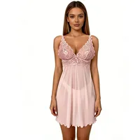 Pink Lace Sheer Lingeries for Women V-Neck Floral Embroidery Mesh Chemise Nightgown Sleepwear Sexy Nightwear Honeymoon Boudoir - Image 2