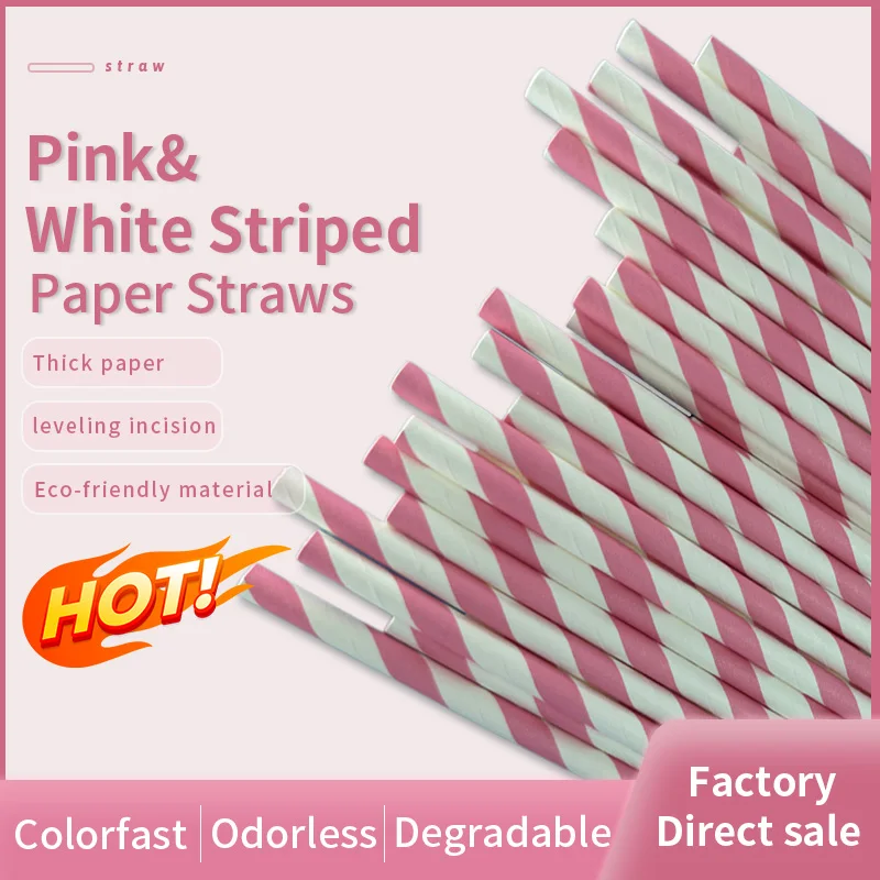 

6*197MM Pink Striped Paper Drinking Straws For Wedding, Party, Juice, Coffee Cold Drinks, Dessert and DIY Decoration--200 Pcs