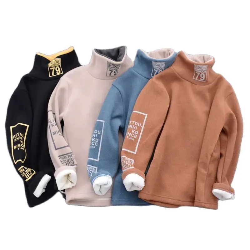 Boys Plus Velvet Bottoming Shirt 2023 Autumn Winter Clothes 4-12 years old Big Kids Long-Sleeve Warm Turtleneck Sweater