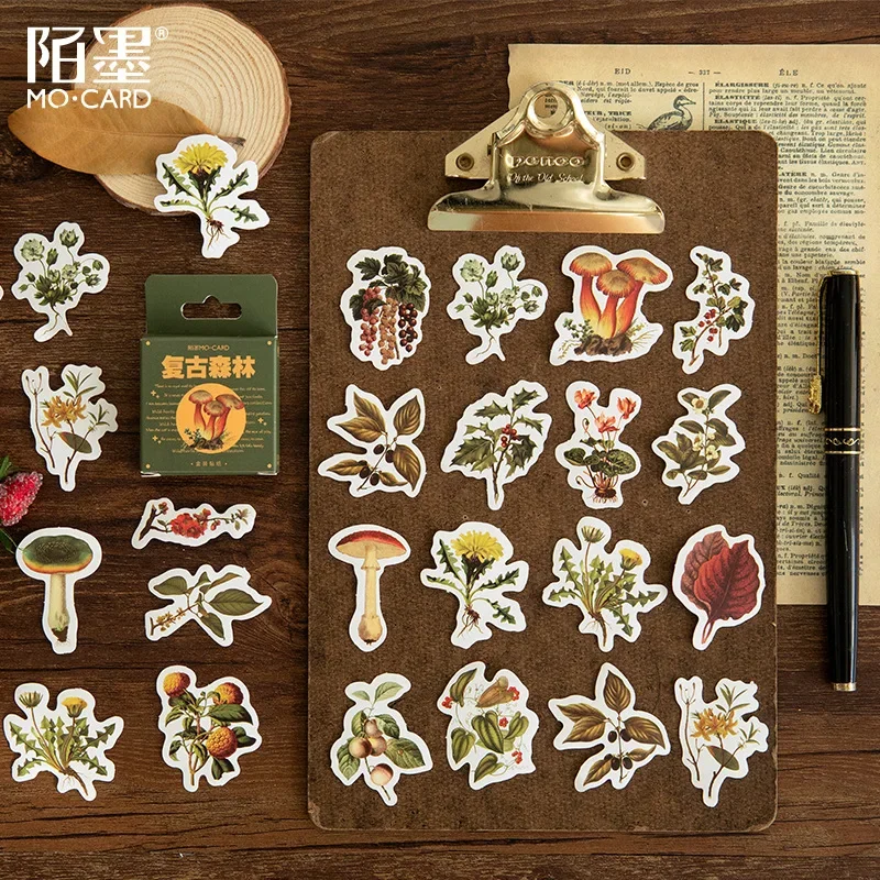 46pcs/lot Vintage Forest Stickers Junk Journal Plant Mushroom Mini Box Decorative Stickers Planner Album Scrapbooking