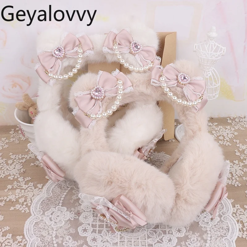 Японские оригинальные милые плюшевые наушники ручной работы с кружевным бантом и бисером, зимние универсальные теплые чехлы для ушей для девочек, защита