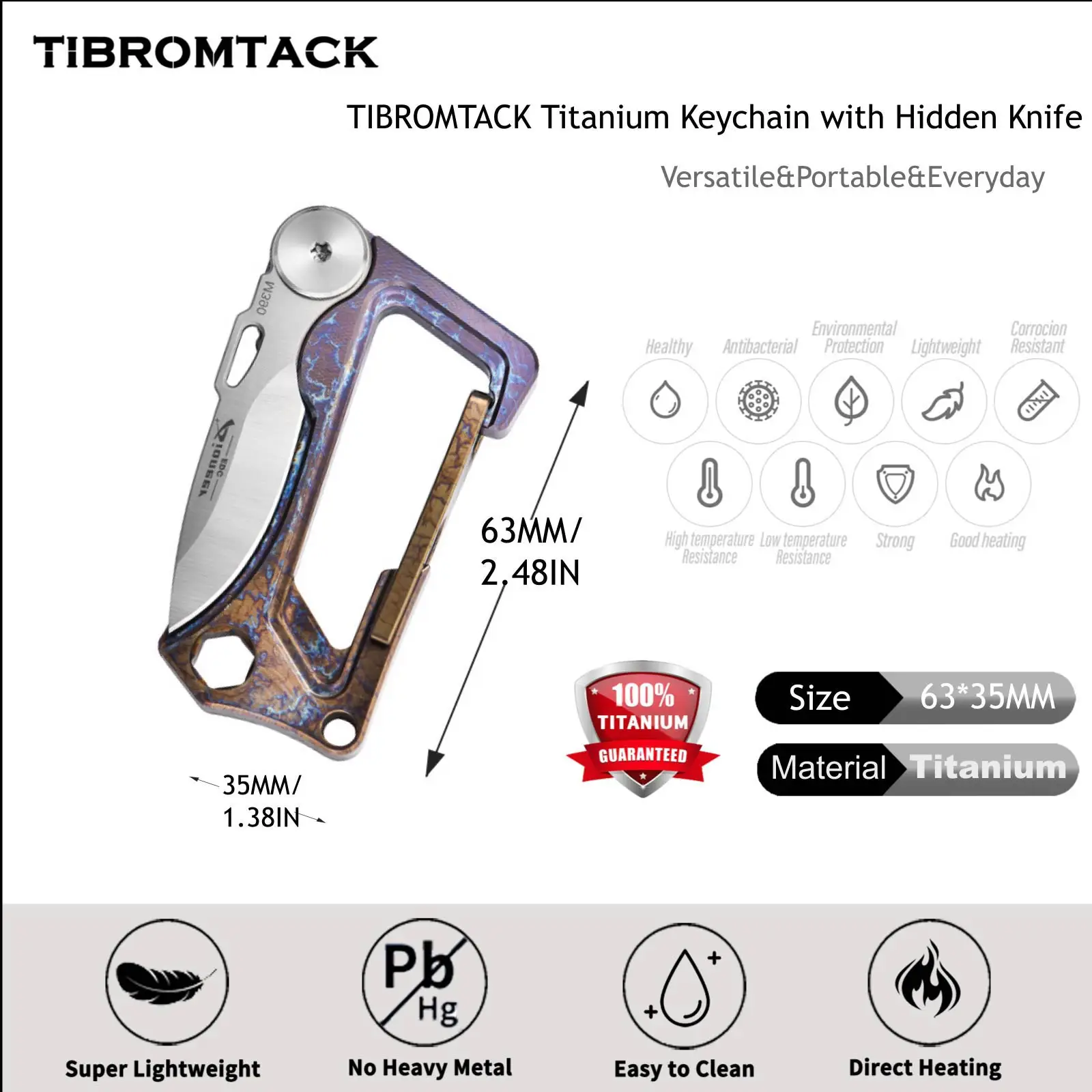 TIBROMTACK Titanium Keychain - EDC Carabiner Multi-Tool, Folding Knife & Bottle Opener, Ultra-Lightweight Gr5