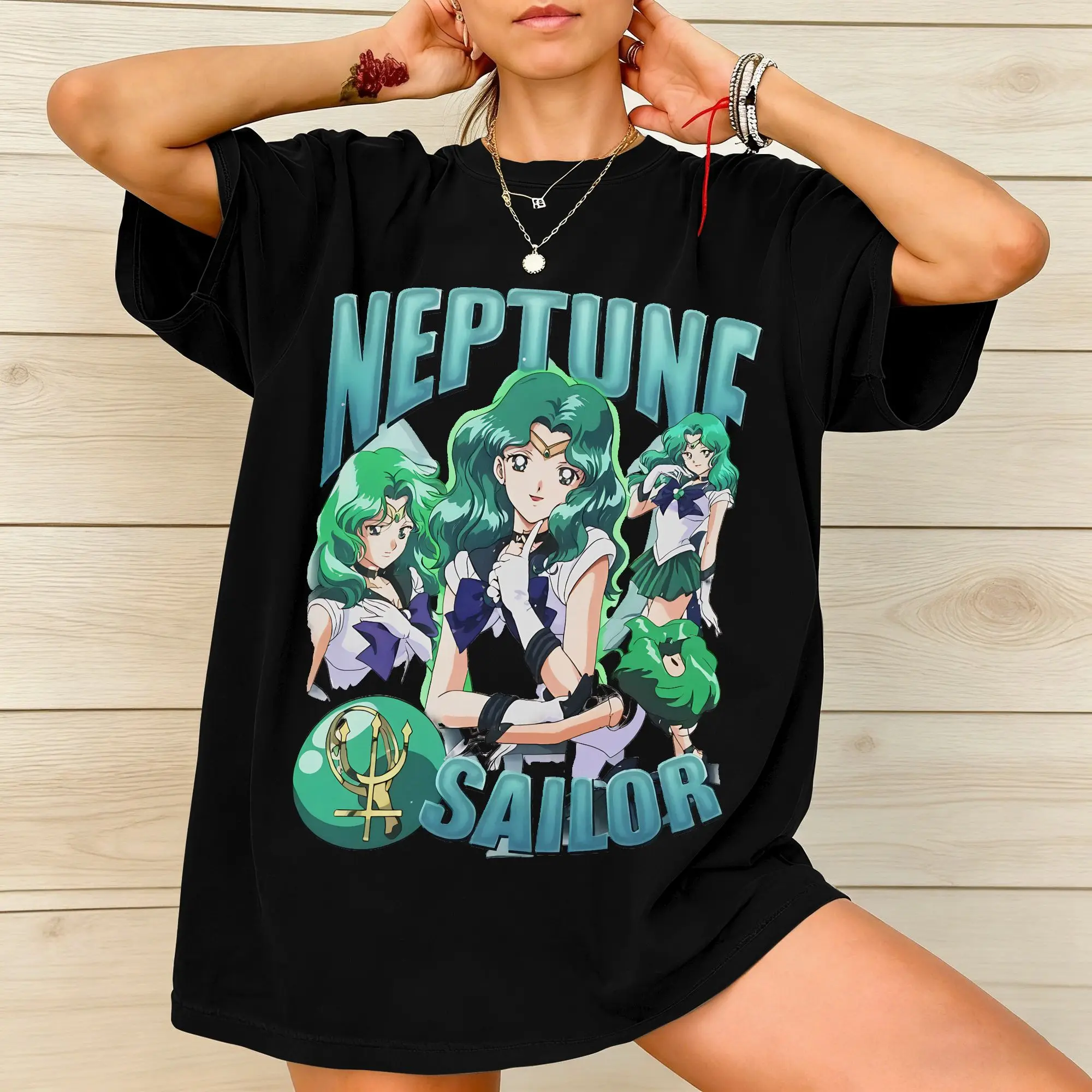 Sailor Moon  Neptune Washed T Shirts Streetwear Hip Hop Vintage T-Shirts Tees Men Women Short Sleeve Harajuku Summer