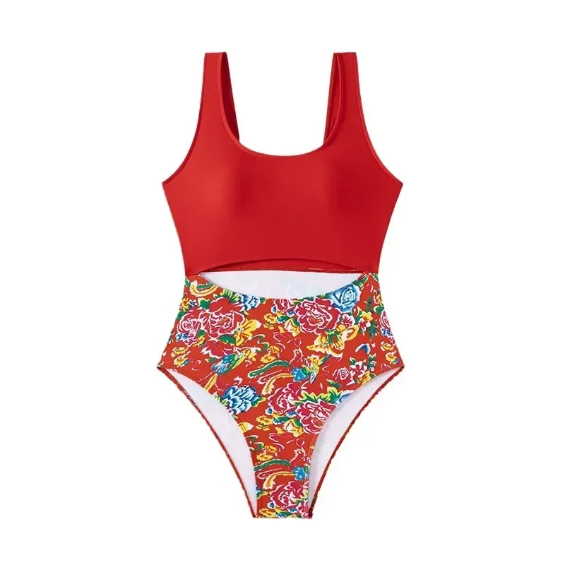 New 2024 European and American Bikini Bikini One-piece Retro Northeast Big Flower Slimming Swimsuit