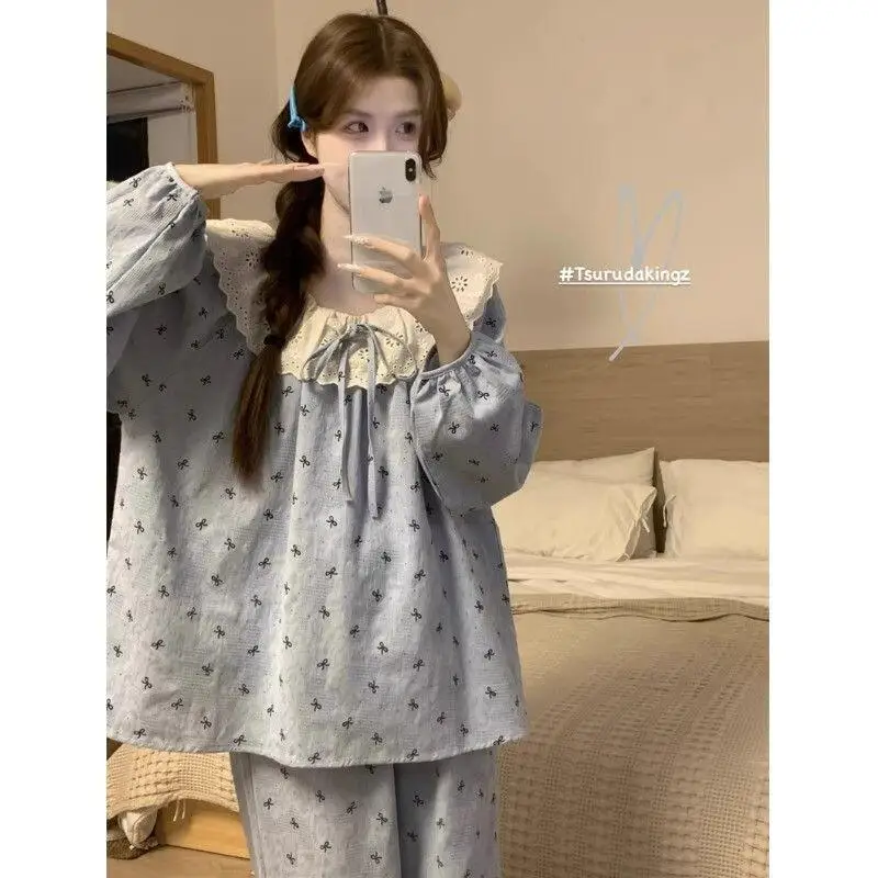 Girls Long-Sleeved Trousers Home Clothes Set Women's Sweet Cartoon Round Neck Pullover Pajamas Girls Fashion Soft Two-Piece Set