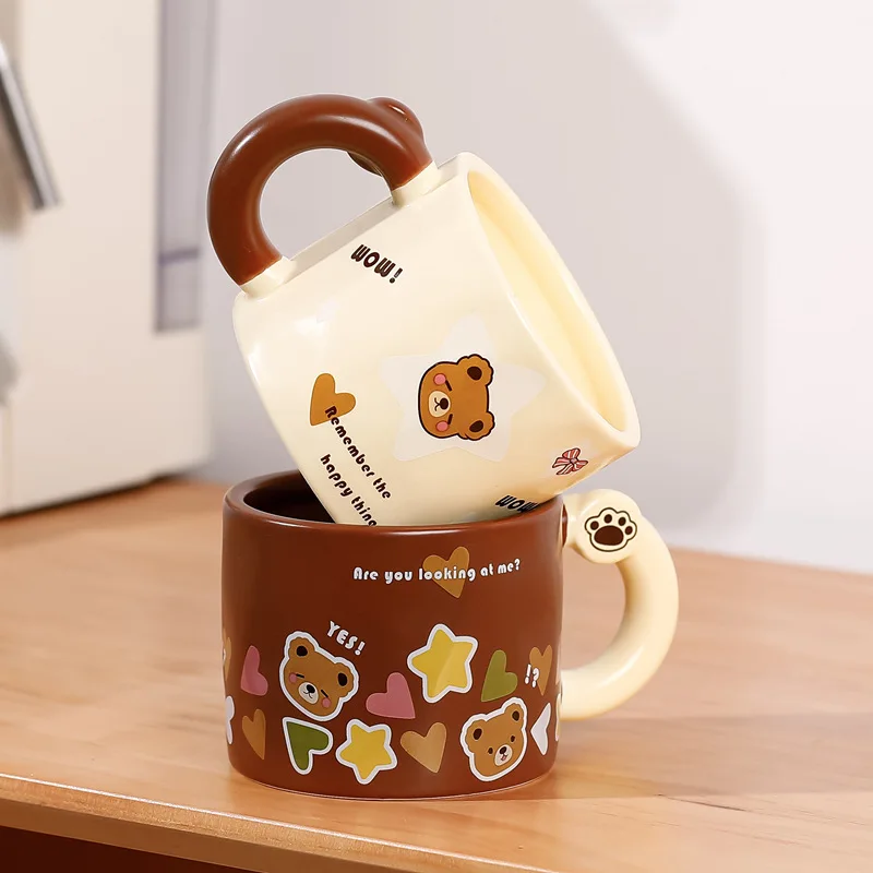 Creative Cute Lovely Bear Ceramic Mug with Lid, Coffee Cups, Breakfast Milk Mugs,Cup with Straw Water Cup, Large Capacity