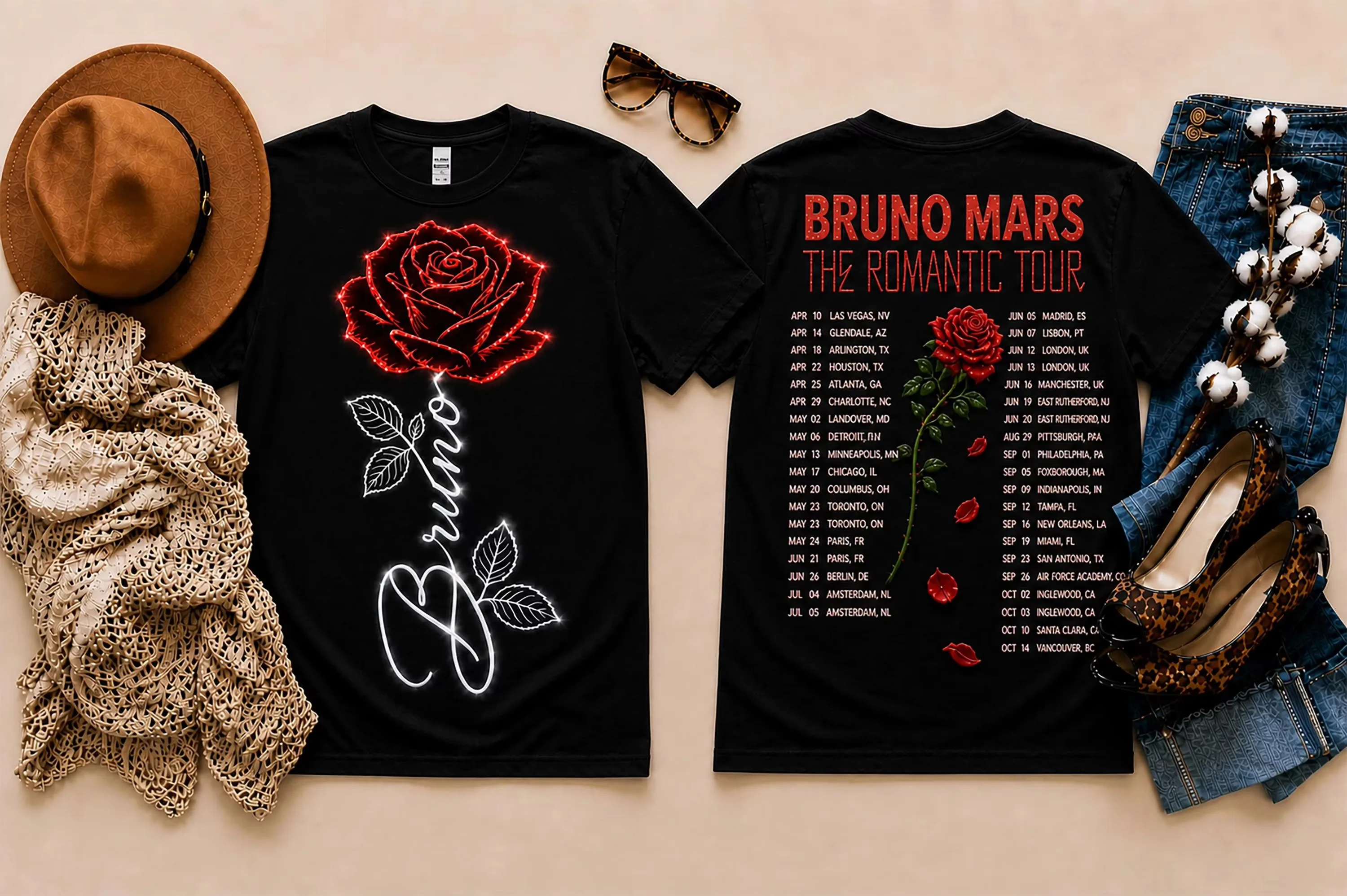 2026 The Romantic Tour Bruno Mars T-shirt Men and Women Summer Cotton Y2K Clothing Fashion Round Neck Short Sleeved Streetwear