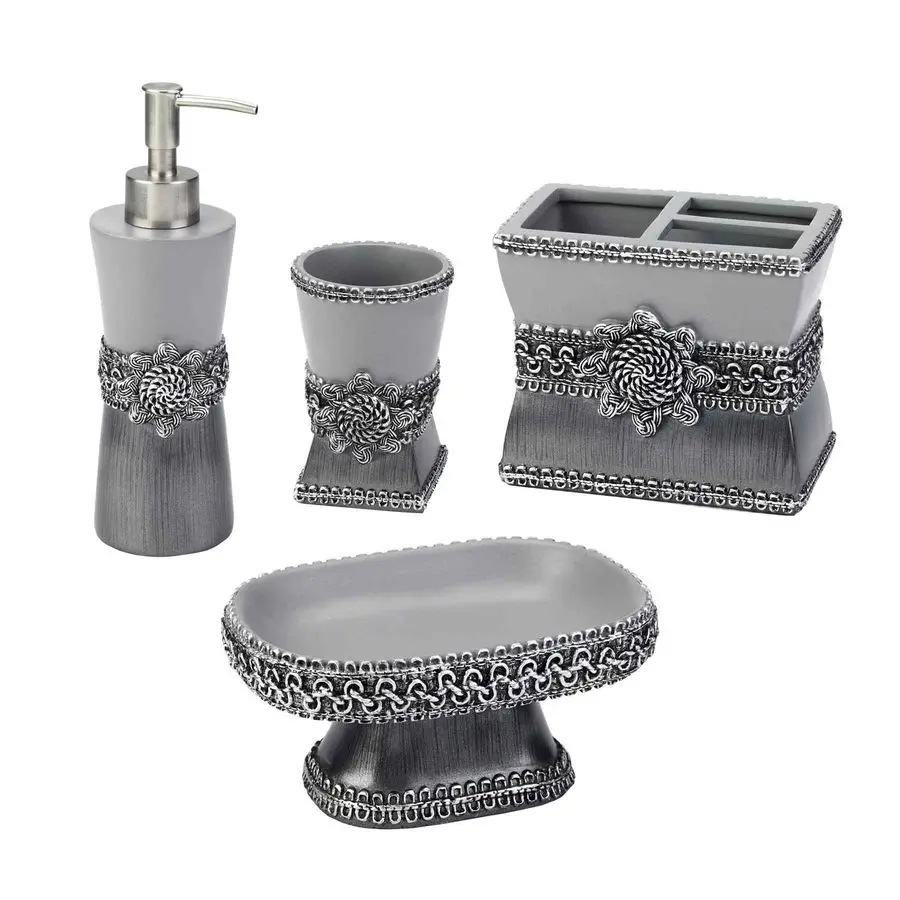 

Accessory Set, Resin Tumbler, Toothbrush Holder, Soap Dish amp Lotion Pump, Durable Bath Decor Braided Medallion Collection, Gra