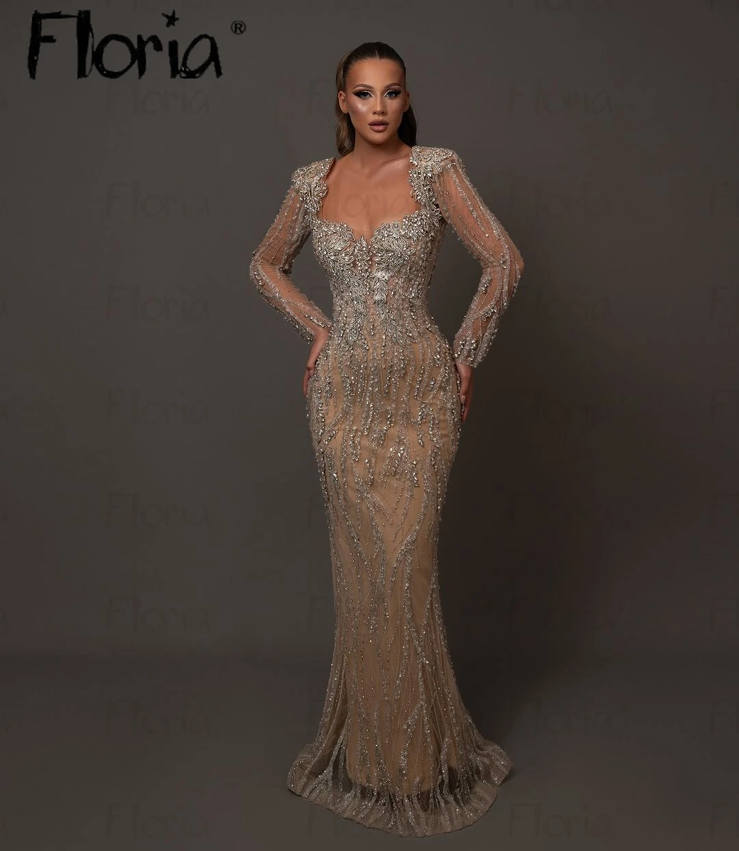 Luxury Champagne Long SLeeve Evening Dress Dubai Queen Anne Sparkly Beaded Wedding Party Gowns Custom Made Saudi Celebrity Dress