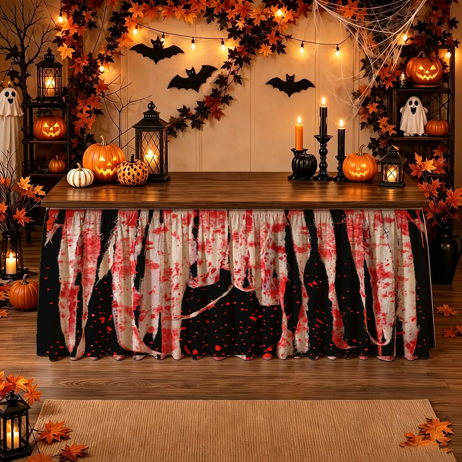 Halloween Christmas Party Scary Tablecloth - 1 piece - Blood red with white stripes and red splatters
