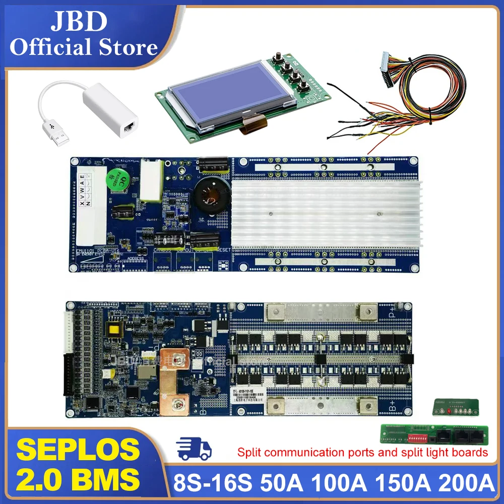 Seplos BMS 2.0 10E BMS Support Bluetooth Li-ion LiFePo4 CAN RS485 Communicate to Inverter 13S 14S 16S 48V 24V 100A 150A 200A