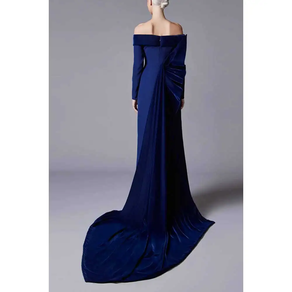 YUMDAI splendido ed elegante abito a maniche lunghe con spacco alto in velluto nero 2024 Dubai Luxury Wedding Party Large Tail Dress