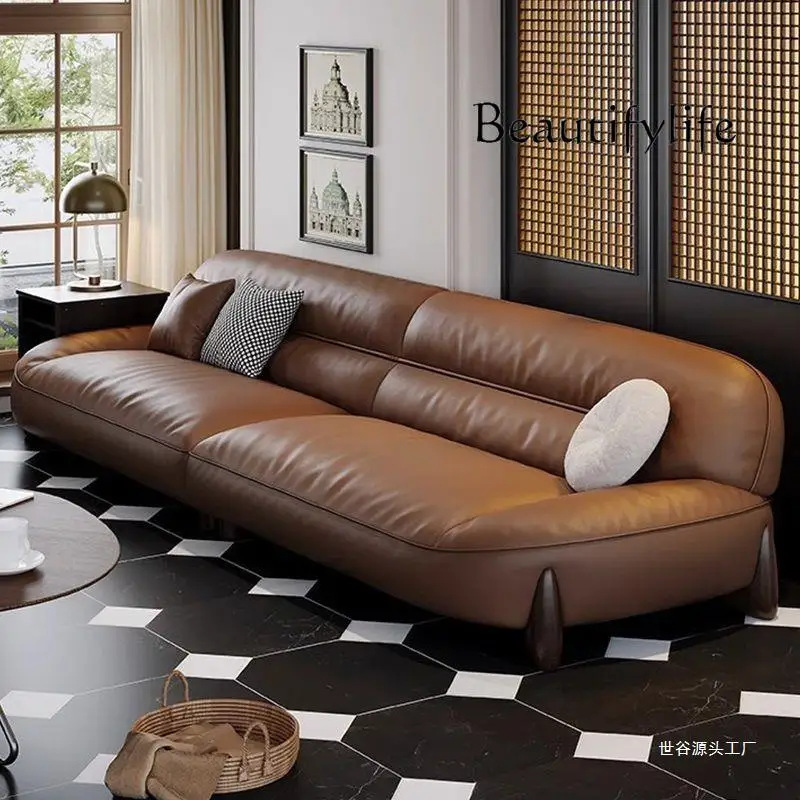 Italian Minimalist Leather Sofa First Layer Cowhide Simple and Light Luxury Retro Small Apartment Straight Row Sofa