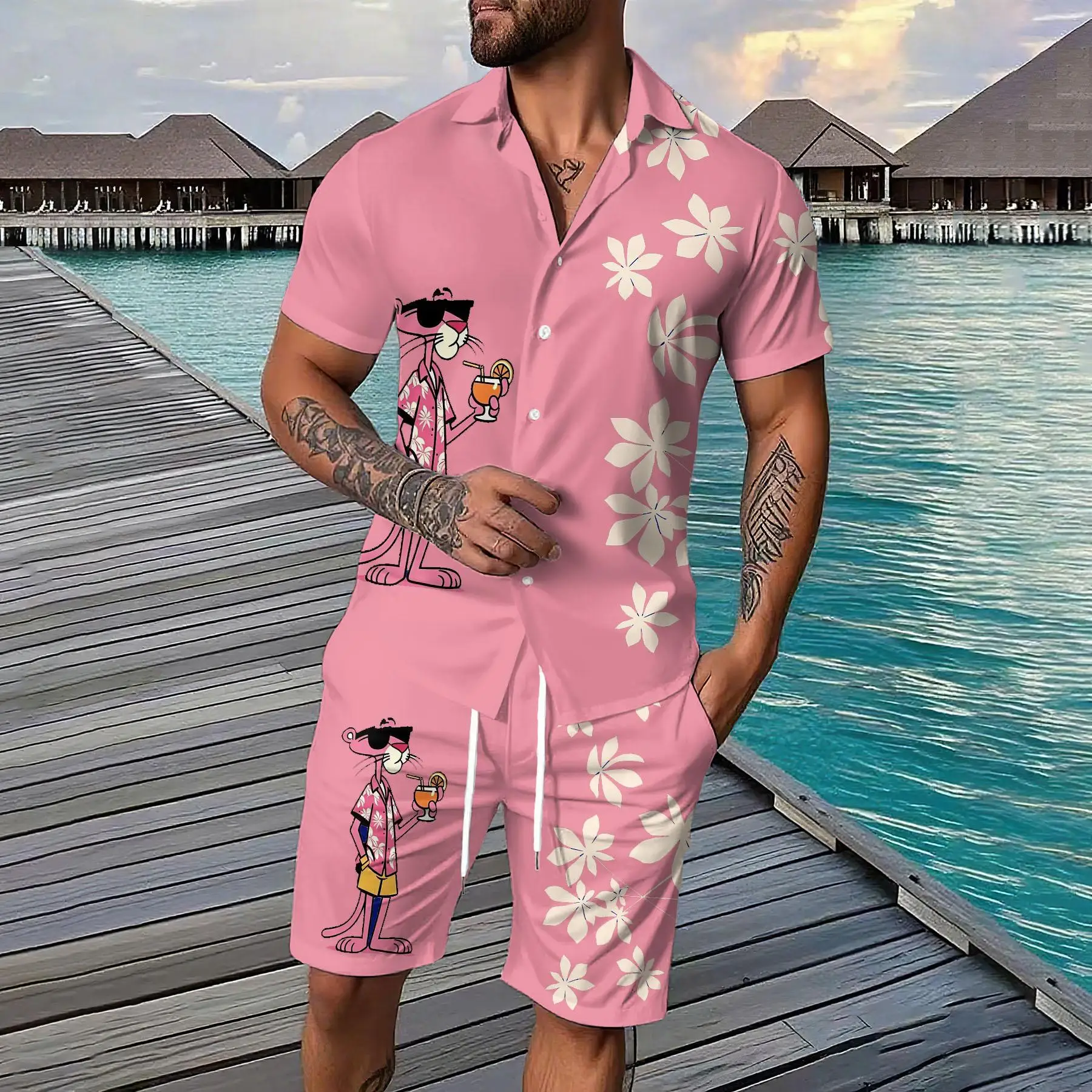 

Summer Men's Clothing Two Piece Fashion Short Sleeve Shirt Outdoor Beach Shorts Animal Print Hawaii Men's Suit
