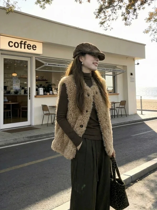 Umweltfreundliche Lammfell-Jahet-Damen-Biker-Jahet in mittlerer Länge, lässige Passform, Knopfverschluss, andere Materialien, Oberbekleidung