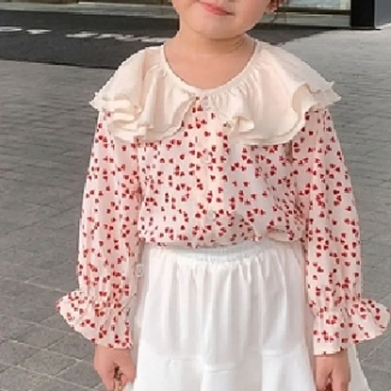 2025 Spring Autumn New Polka Dot Big Collar Trumpet Sleeve Bottoming Shirt Tops Children's Clothing for Girls' Casual Shirt