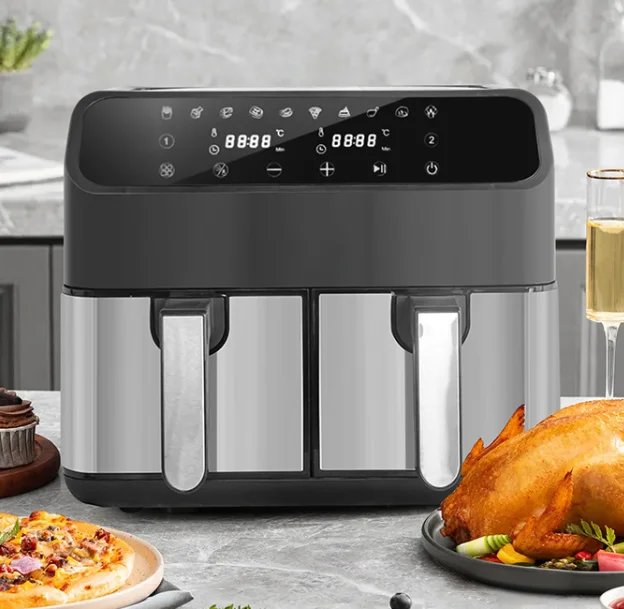 8L Dual Basket Air Fryer Stainless Steel Dual Zone Touch Control Multifunction Hot Oven for Home