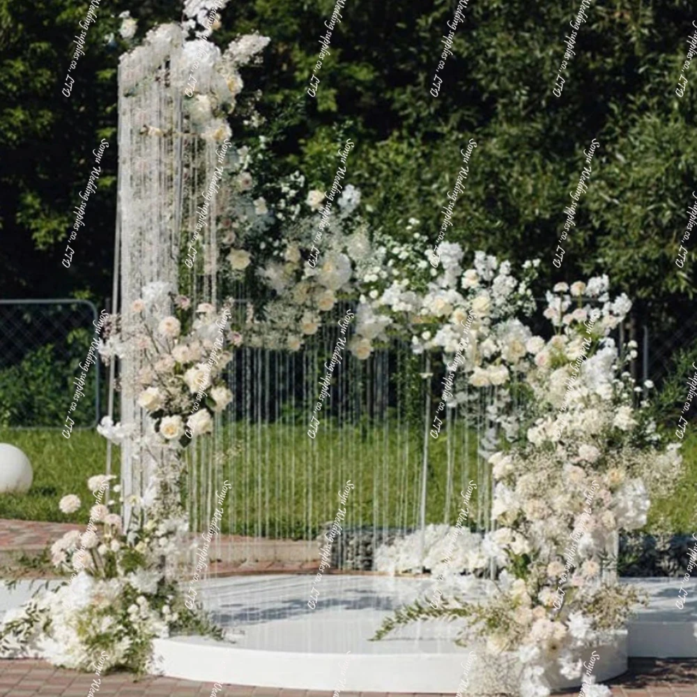 curved wedding party stage  arch  with acrylic bead chandelier backdrop stand  for background wedding