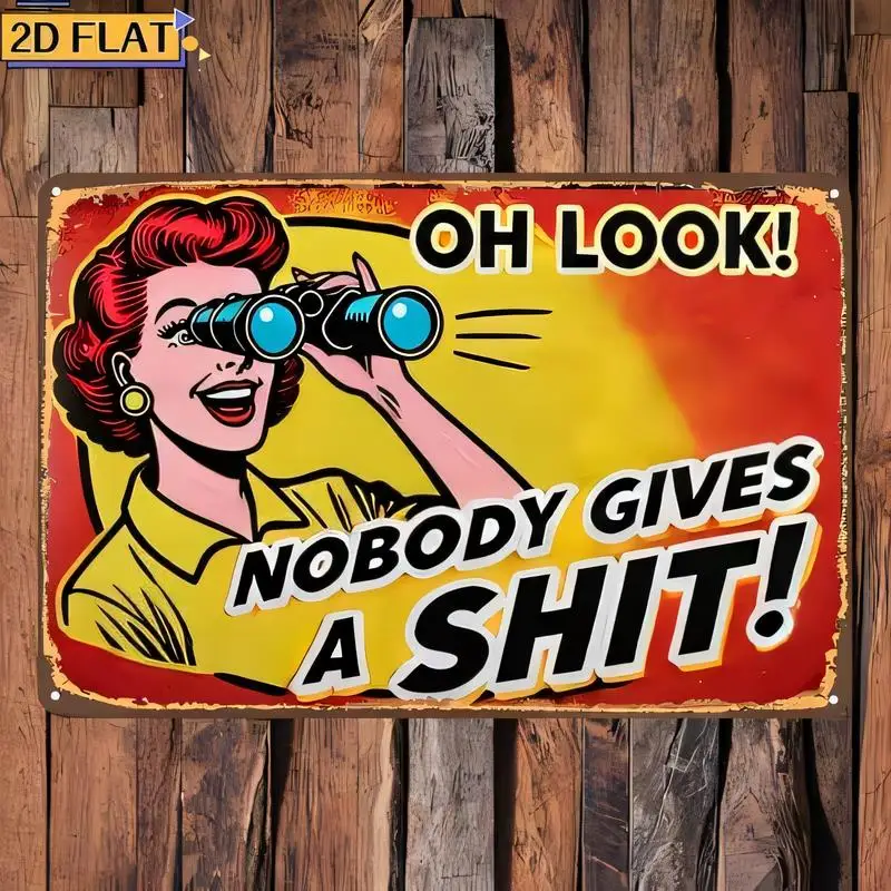 2D Flat Vintage Metal Tin Sign - Red - Haired Woman w/Binoculars, Humorous Quote, Retro Red/Yellow Iron Wall Art for Home/Bar/Ca
