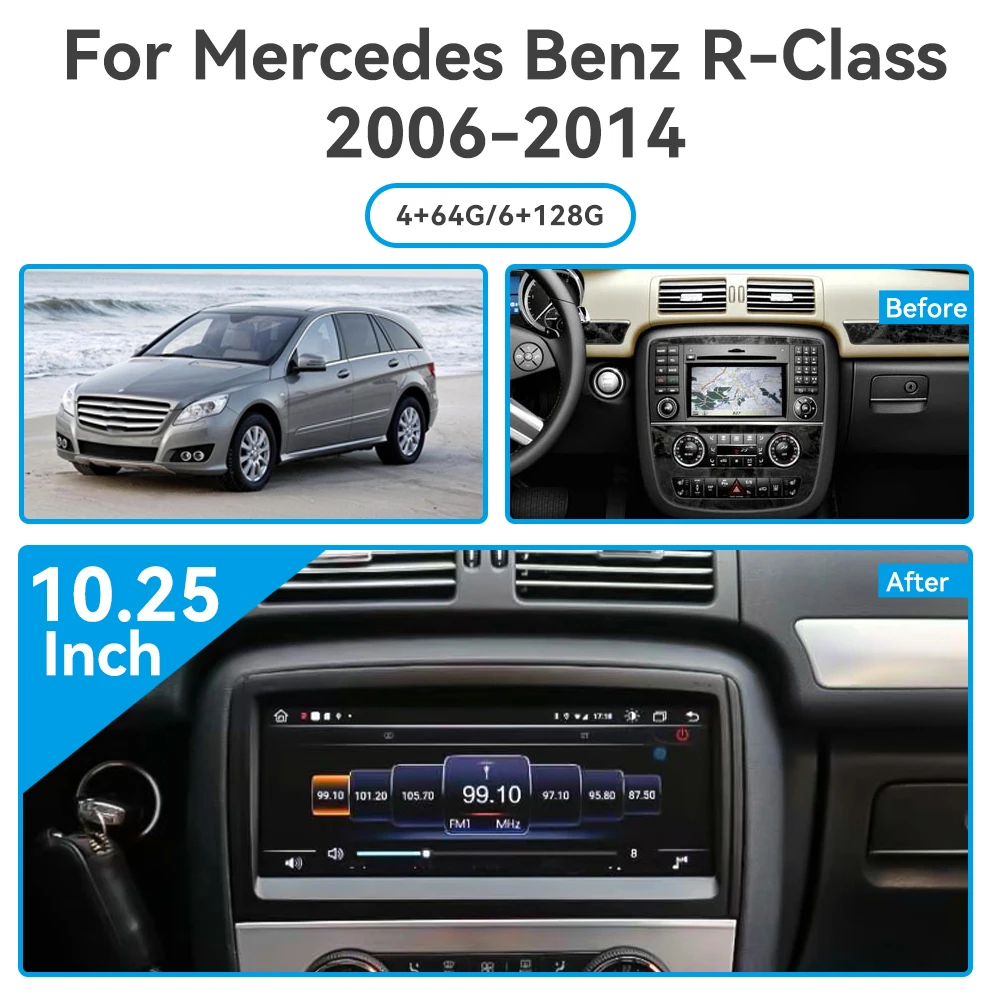 For Mercedes Benz R Class R230 2006-2014 10.25Inch Android 14 Car Multimedia Player Stereo GPS DVD Radio Navigation Screen Unit