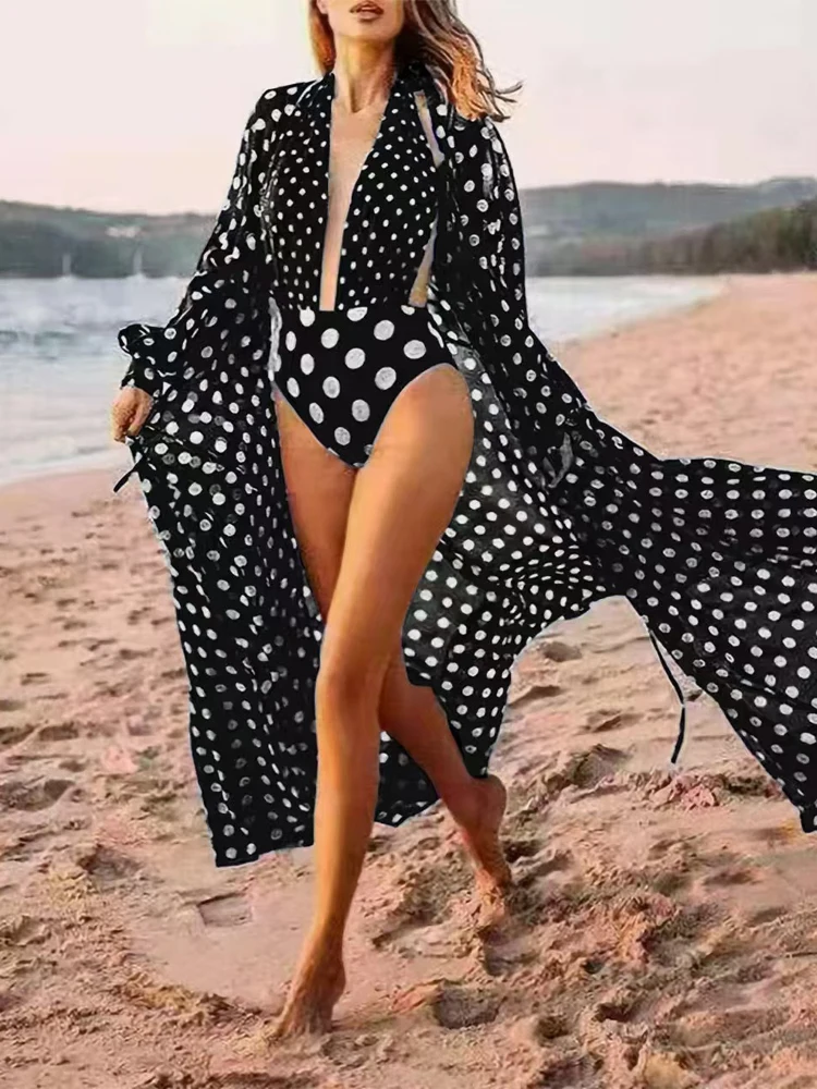 Polka Dot Printed Women's Swimsuit One Piece 2024 Sexy Deep V-neck Bikini High Waisted Swimwear with Long Sleeves Cover Up Skirt