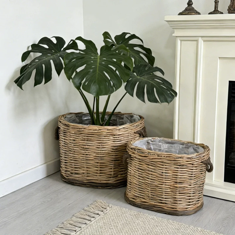 Vintage Rattan Woven Planter Basket Large Decor Flower Pot Holder for Living Room Handled Natural Fiber Greenery Flower Basket