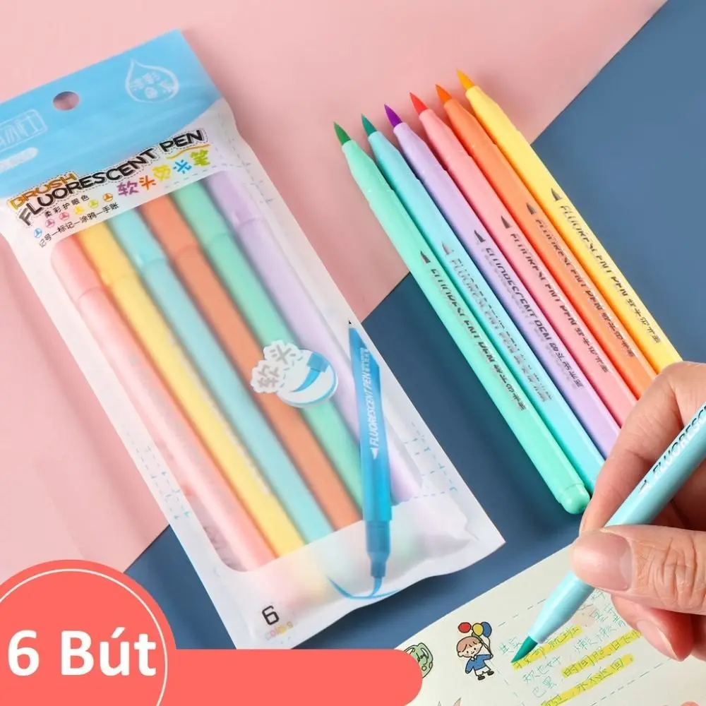 6Pcs/Set High Quality Soft Tip Highlighter Set Markers Pen Student Paintbrush Art Watercolour Pen Office Stationery Supplies