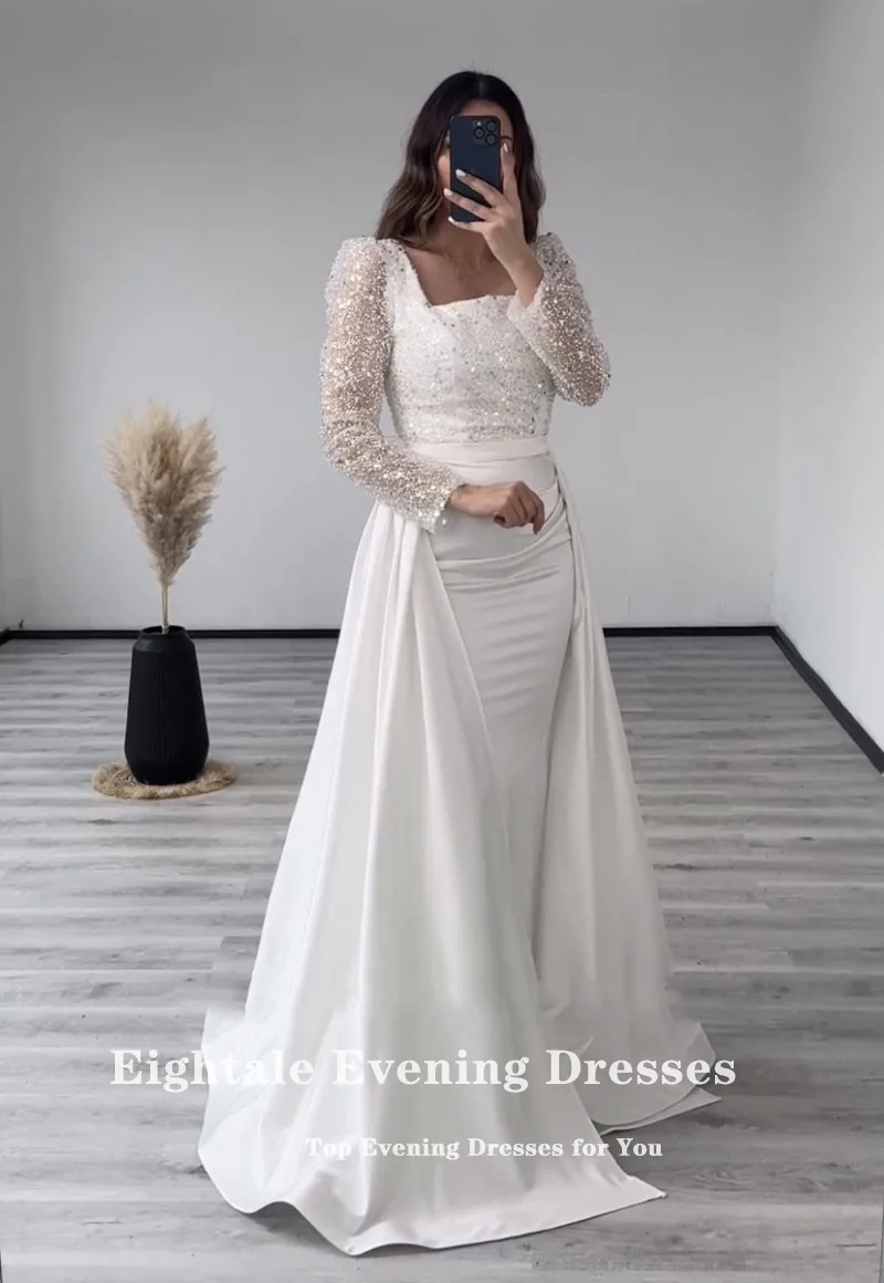 Eightale Evening Dresses with Detachable Skirt Sequined Long Sleeves Customized Mermaid Prom Wedding Party Gown Robes De soirée