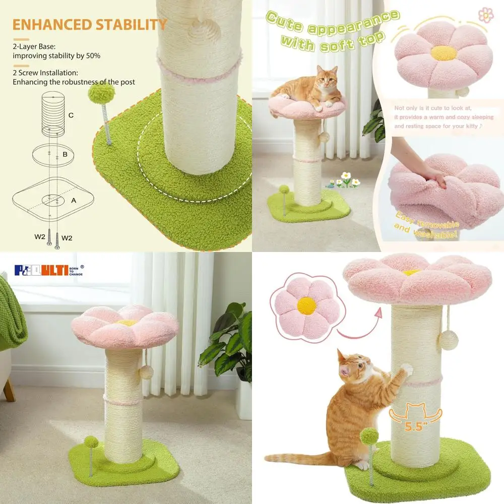 

Compact Cat Scratching Tree with Thick Post, Removable Bed, and Spring Ball, Pink