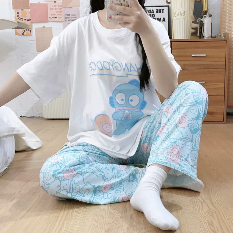 Cartoon Sanrio ugly fish pajamas autun new short-sleeved long-sleeved crew neck two-piece set women's pajamas loungewear set  h