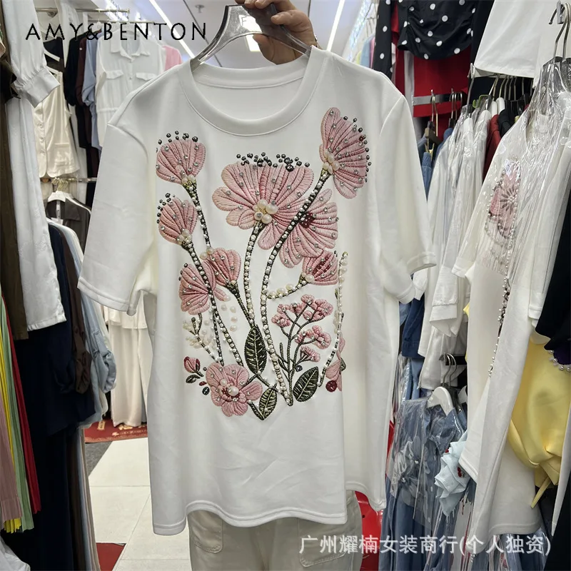 

Summer Heavy Beaded Rhinestone Floral Embroidery Ladies T-shirt Crew Neck Loose Short Sleeves Tees Fashion Casual Pullover Tops