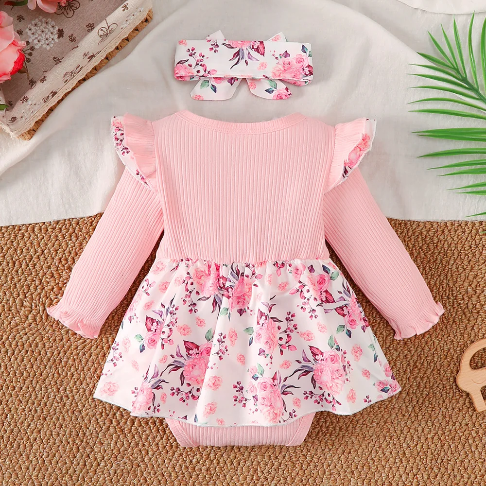 Baby Girl Floral Romper Dress Set, Spring and Autumn Style, Long-Sleeve Ruffled Princess Romper Dress with Matching Printed Headband, Sweet Newborn One-Year-Old Outfit for Outings and Photoshoots