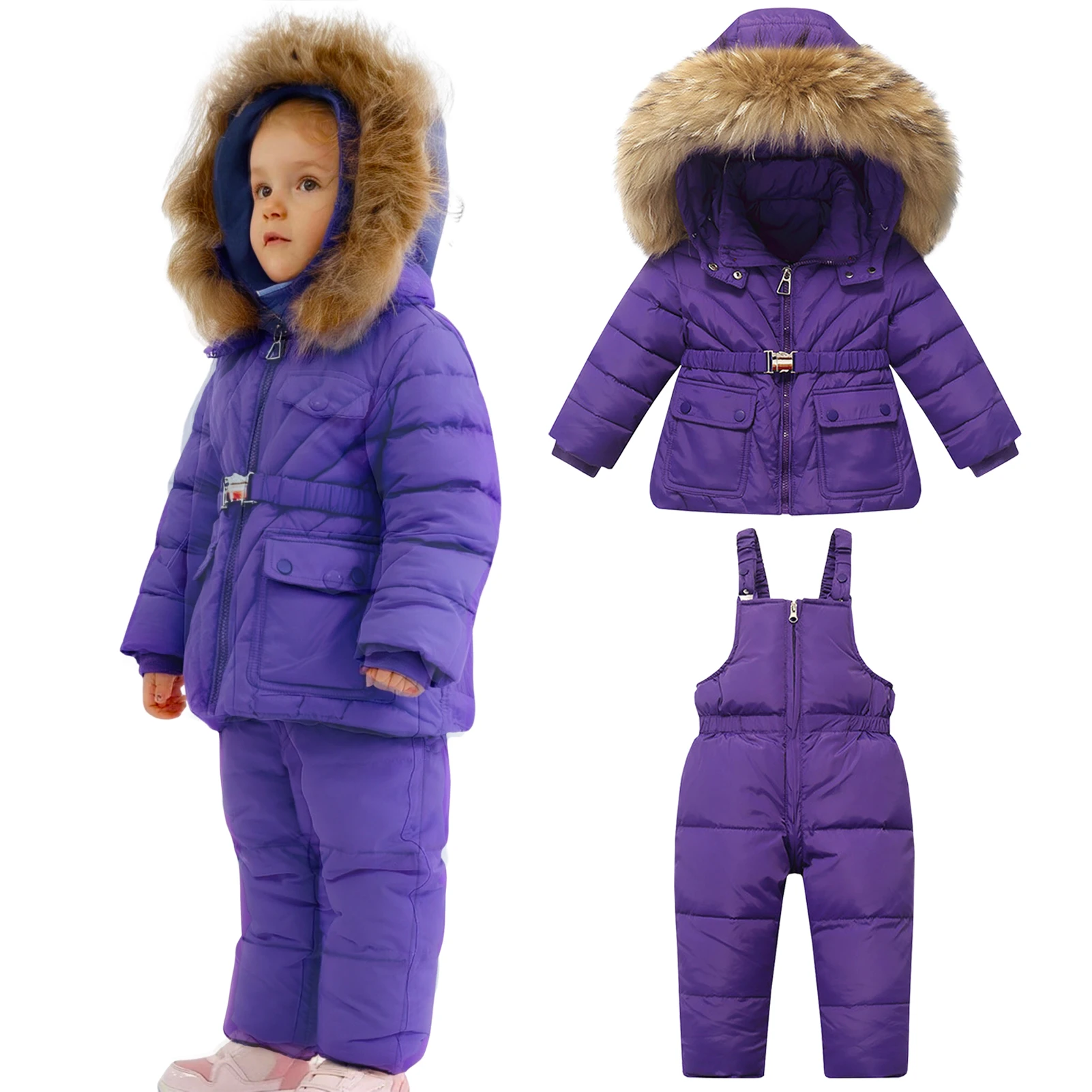 Children's Down Jacket,Fur Hood Kids Skiing Suit,Windproof Warm Girls Boys Down Coat Bib Pants Set,Winter Toddlers Snow Outfits