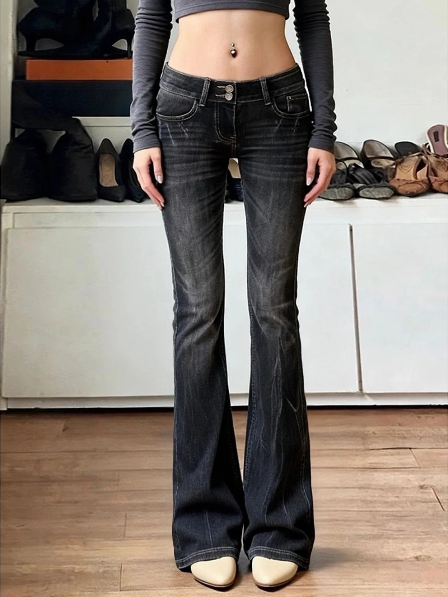 American Style Retro Bamboo Fiber Bell Bottom Jeans Women's Low Waist Slim Fit Black Grey Long Pants Autumn New Arrival
