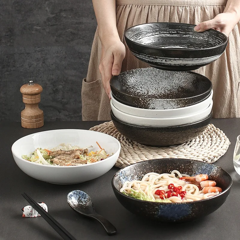 

Ceramic noodle bowl Japanese-style serving bowl Household shallow Creative tableware Noodle restaurant Ramen bowl Soup