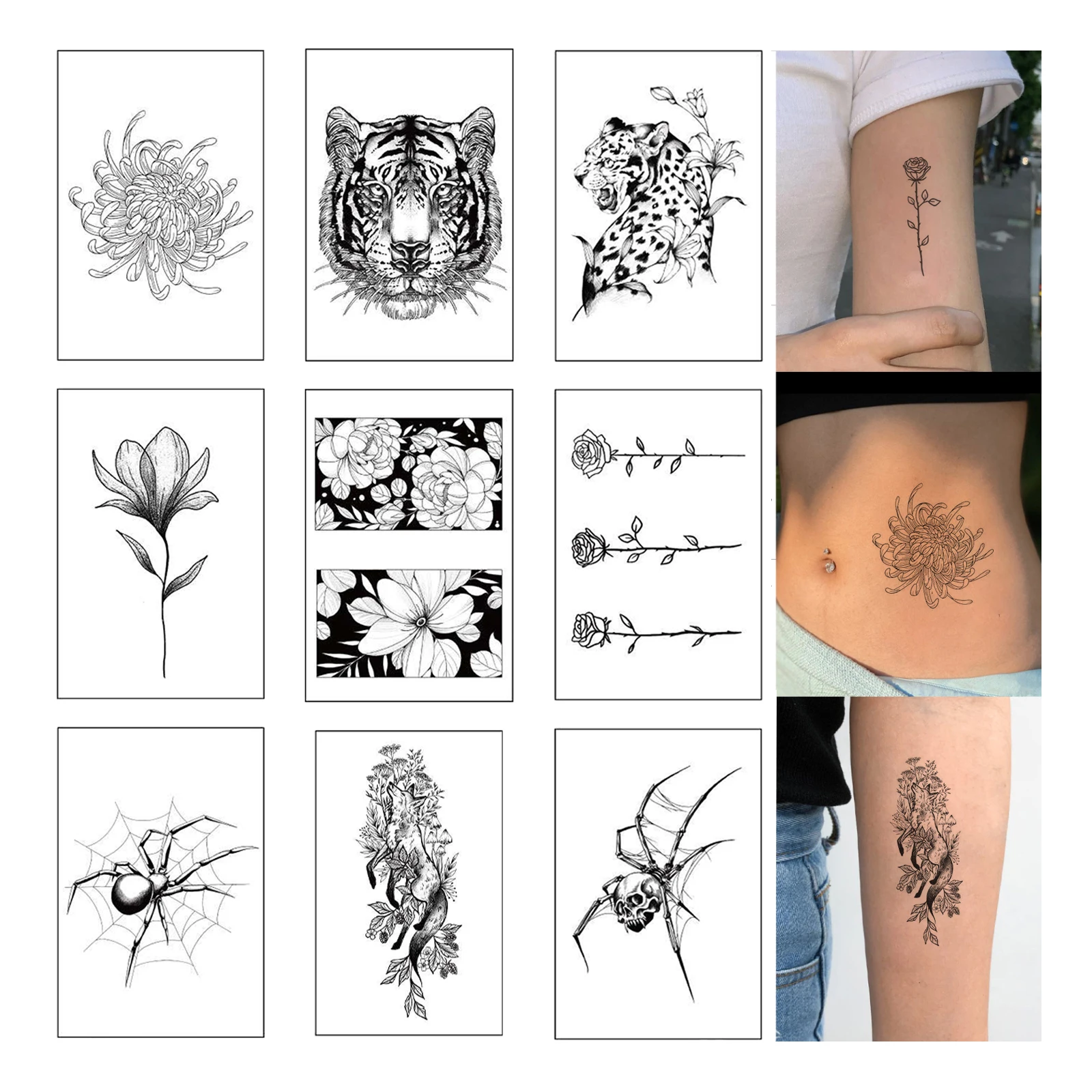 

9 Sheets Gothic Spider Design Temporary Tattoo Stickers for Women Men Realistic Tiger Disposable Tattoo Halloween Party Sticker