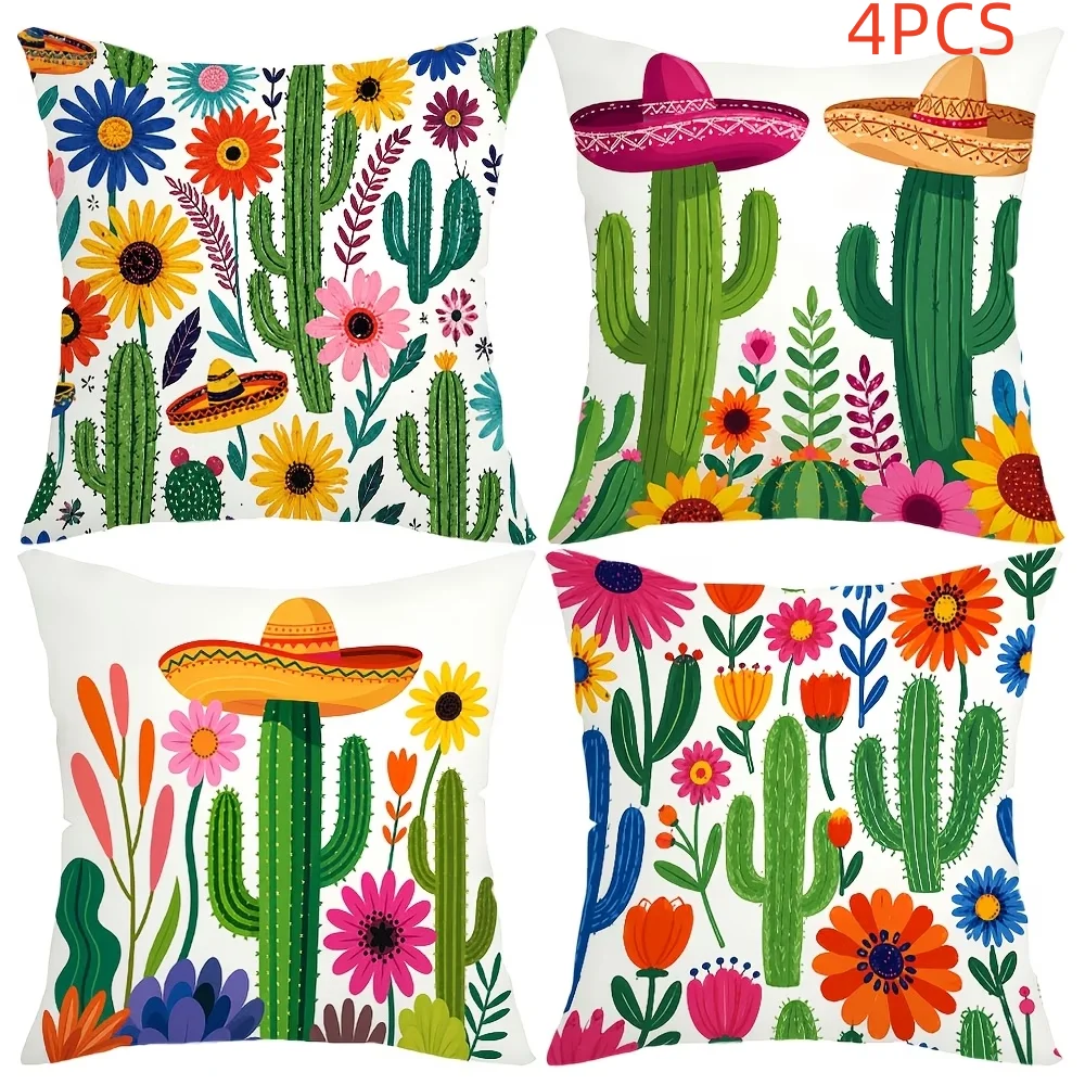 4pcs Mexican Music Theme Cactus Pillow Covers Soft Comfortable Cushion Covers Living Room Sofa Bed Bedroom Room Decoration