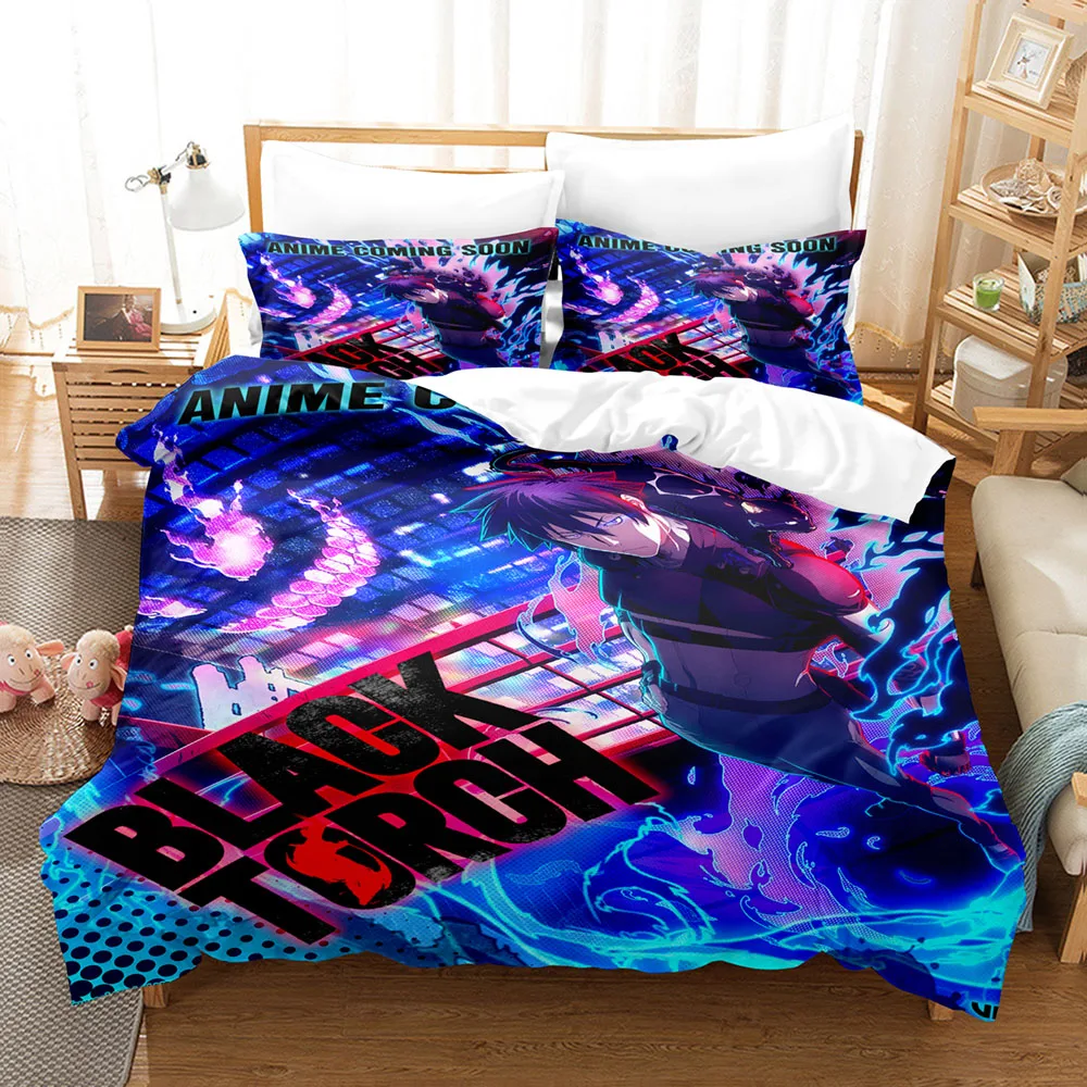 Black Torch Anime Bedding Set 3pcs Duvet Cover + 2 Pillowcases Cartoon Print Bedroom Decor For Teen Fan Gift Home Textile