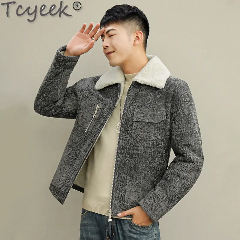 Tcyeek 2023 Real Fur Jacket Man Winter Clothes Genuine Leather Motorcycle Jacket Short Natural Sheepskin Fur Coat Male Chaquetas