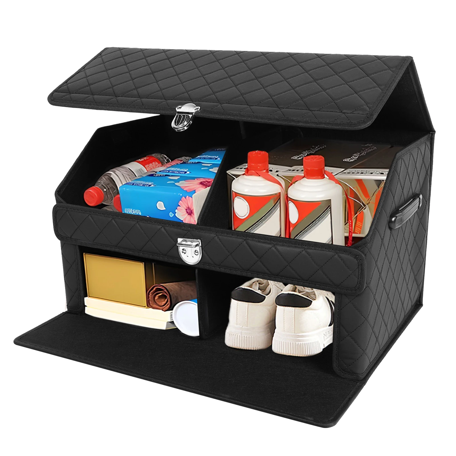 

Double-Layer Cargo Box Adjustable & Collapsible Car Caddy Organizer Multi Compartment Car Storage Bin for SUVs Sedans Back Seats