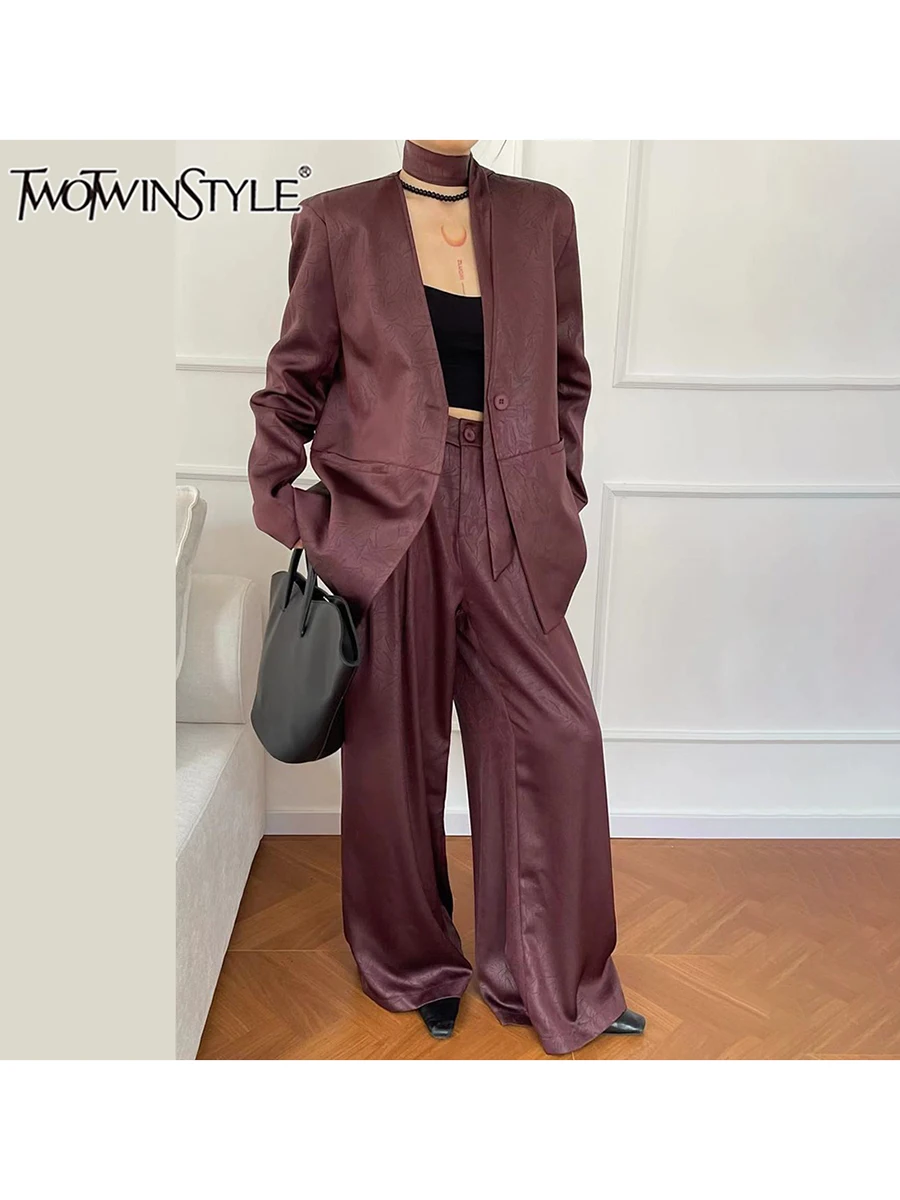 TWOTWINSTYLE Elegant Two Piece Set For Women Notched Collar Long Sleeve Coats High Waist Wide Leg Pant Temperament Sets Female