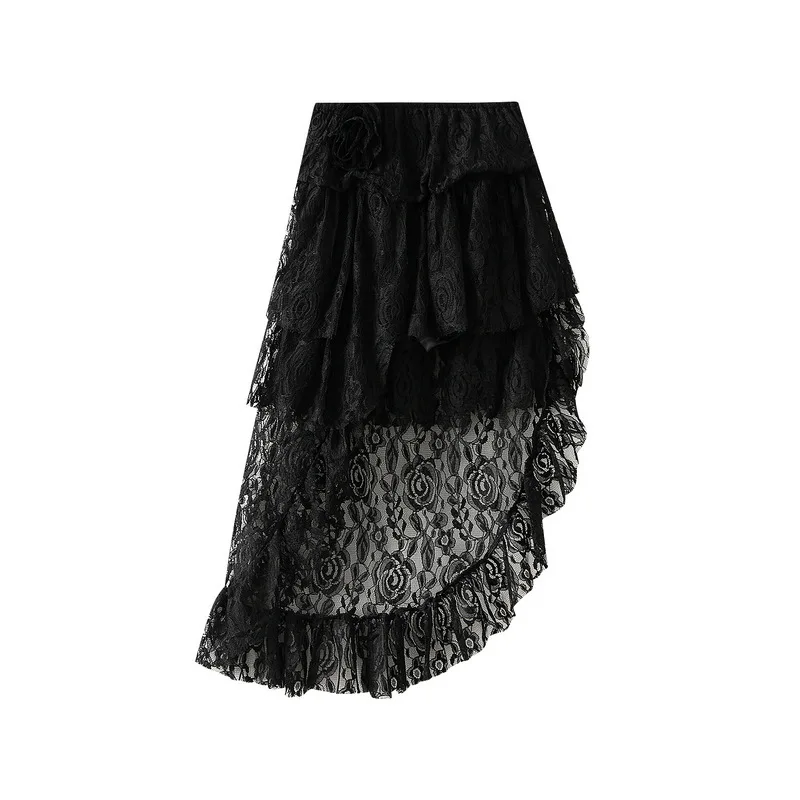 

New In Solid Color Black Whiter Irregular Lace Midi Skirt For Women Spring Summer 2025 High Waist Elegant Sweet Party Skirts