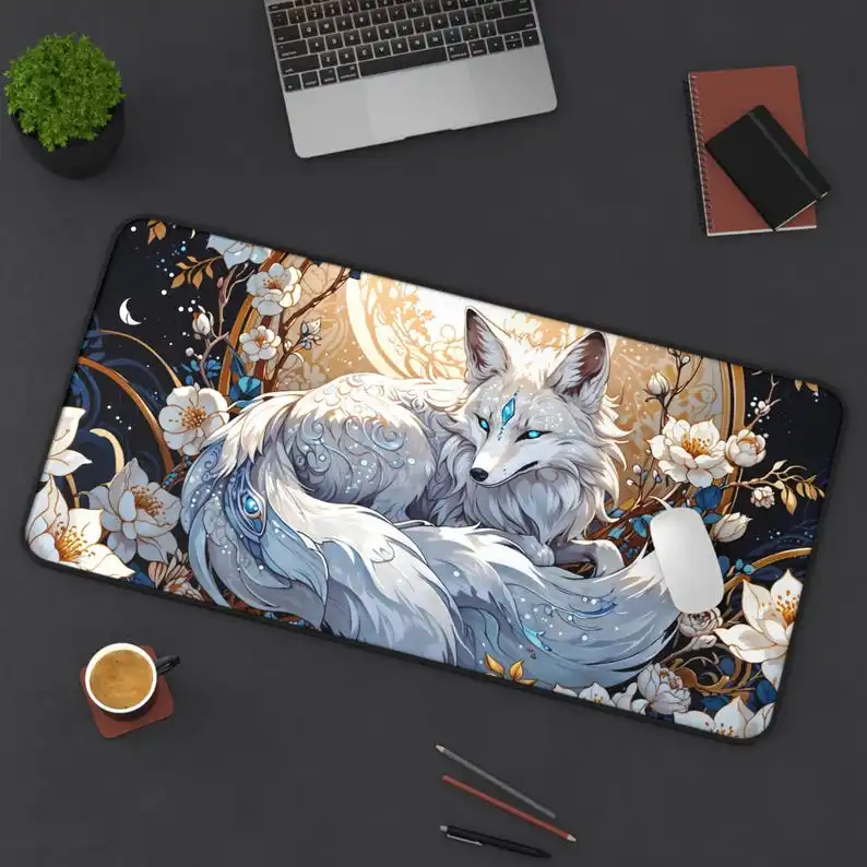 

White Fox Mouse Pad, Extended Desk Pad Animal Mouse Pad Non-Slip Hemmed Edge Gamer Desktop Mat, Perfect Gift for Friends