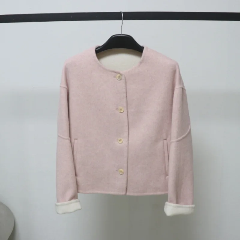 

Женская осенне-зимняя элегантная шерстяная свободная куртка с круглым вырезом и длинными рукавами, женская однобортная шерстяная короткая верхняя одежда