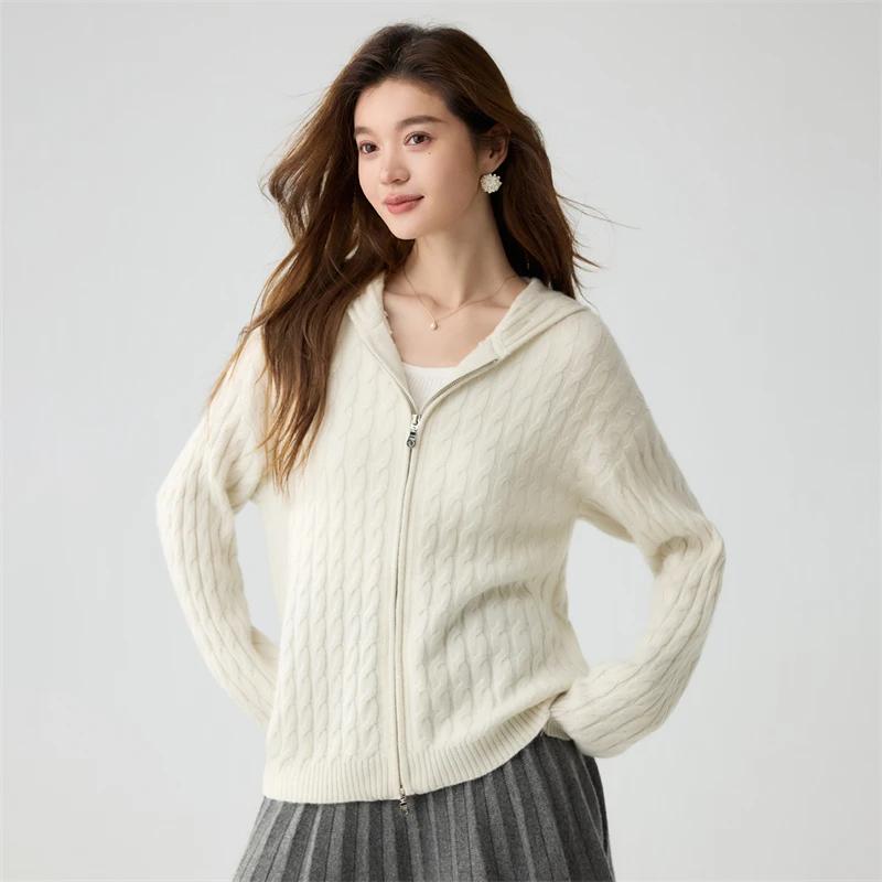 Autumn Winter Women's 100%Cashmere Cardigan Sweater Hooded Collar Vertical Cable Lurex Sparkle Yarn Mellow Casual Knit Outerwear