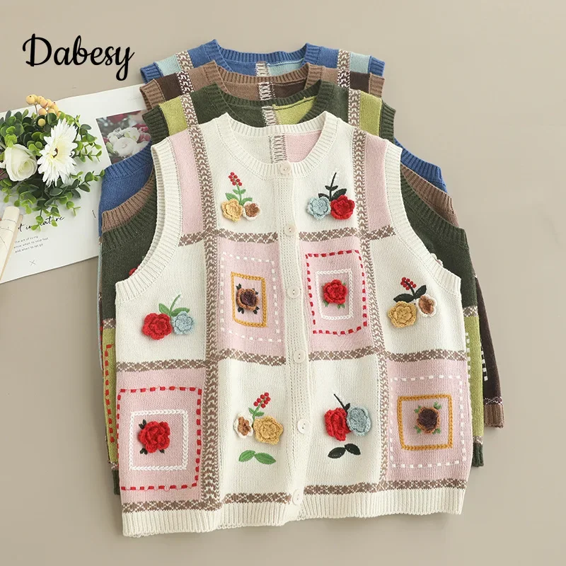 Vintgae Flower Embroidery Patchwor Knitted Vest Women Autumn \Mori Girl O-neck Single-breasted Sweater Coat Female WaistCoat Top