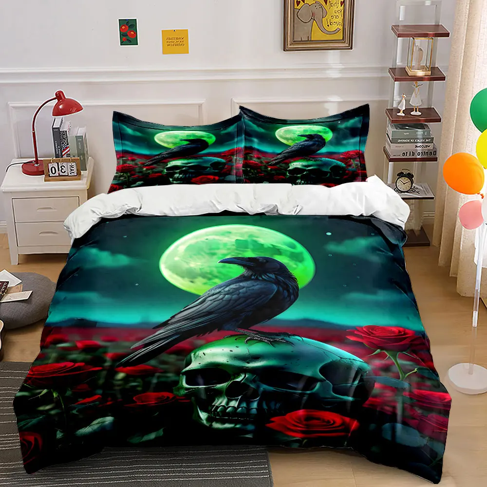 Dark Raven Skull Rose Night Design Print Bedding Set 1 Duvet Cover 2 Pillowcases for Adult and Children Luxury Gift Full Size