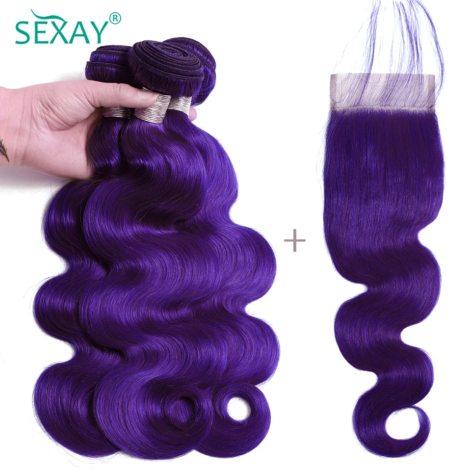 Sexay-Bundles de cheveux humains violets avec fermeture, cheveux de bébé, vague de corps indienne, 28 faisceaux de cheveux longs avec fermetures à lacet 4x4