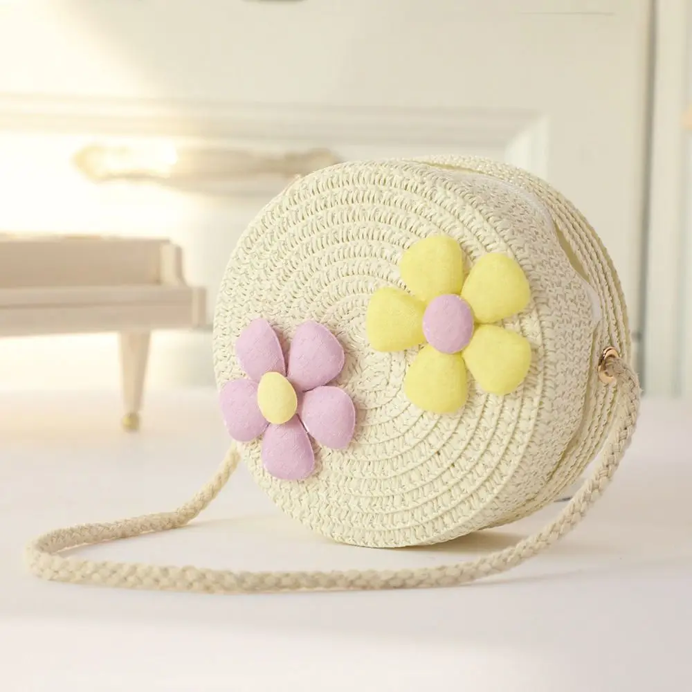 Small Round Straw Shoulder Bags Woven Design Cute Flower Children's Bag Zero Wallet Diagonal Cross Kids Coin Purse